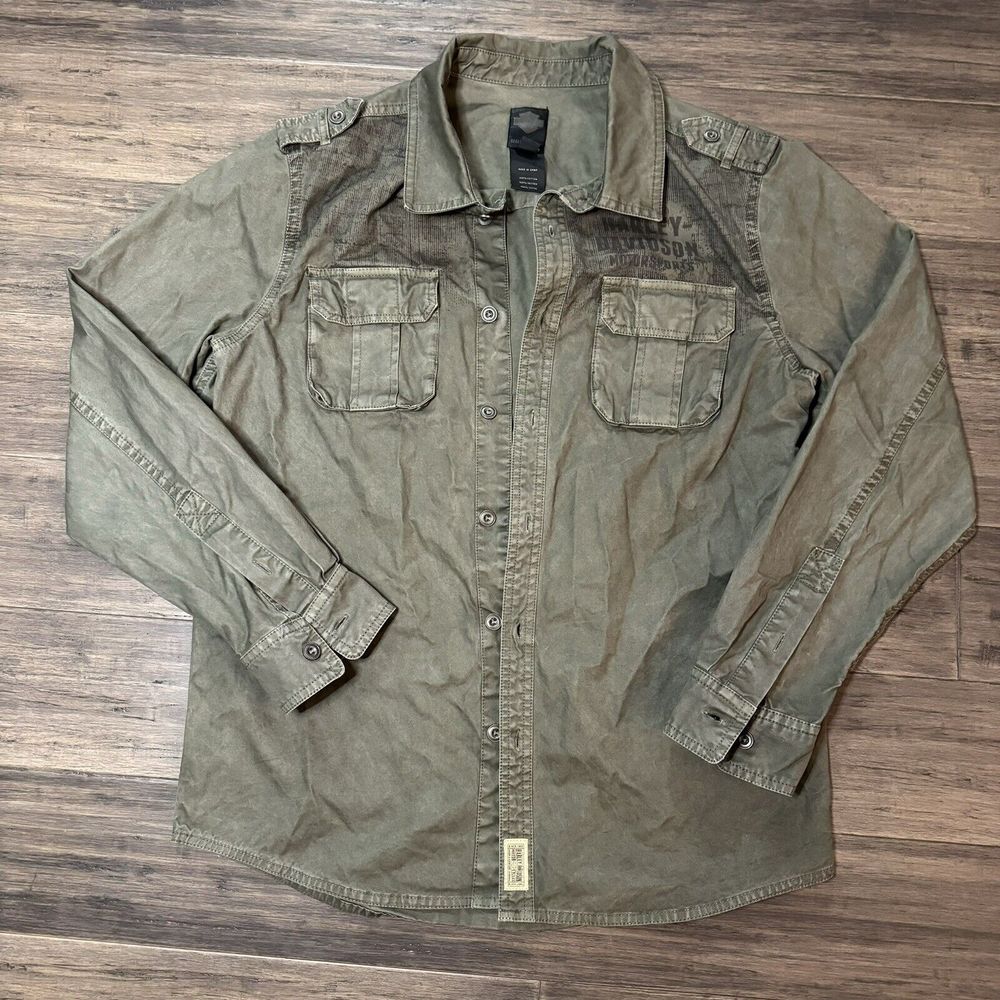 Harley Davidson Military Style Olive Green Long Slv Shirt Jacket Size Large EUC
